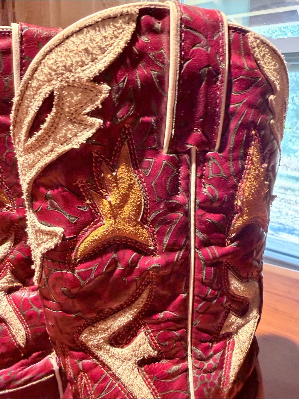 Frye Red Leather Western Boots with Tan & Cream Accents - Picture 4 of 6